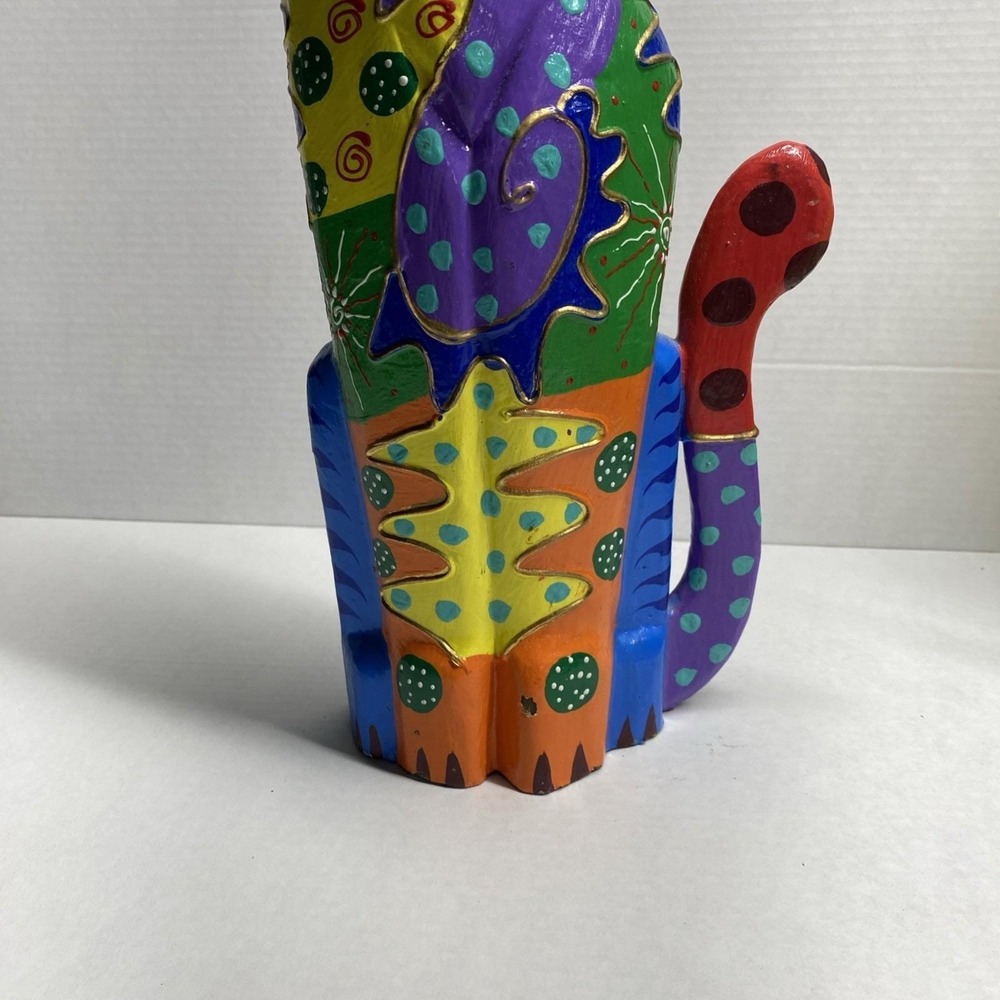 Hand-Painted Wooden Cat Figure Multicolor Folk Art Sculpture - Picture 8 of 14